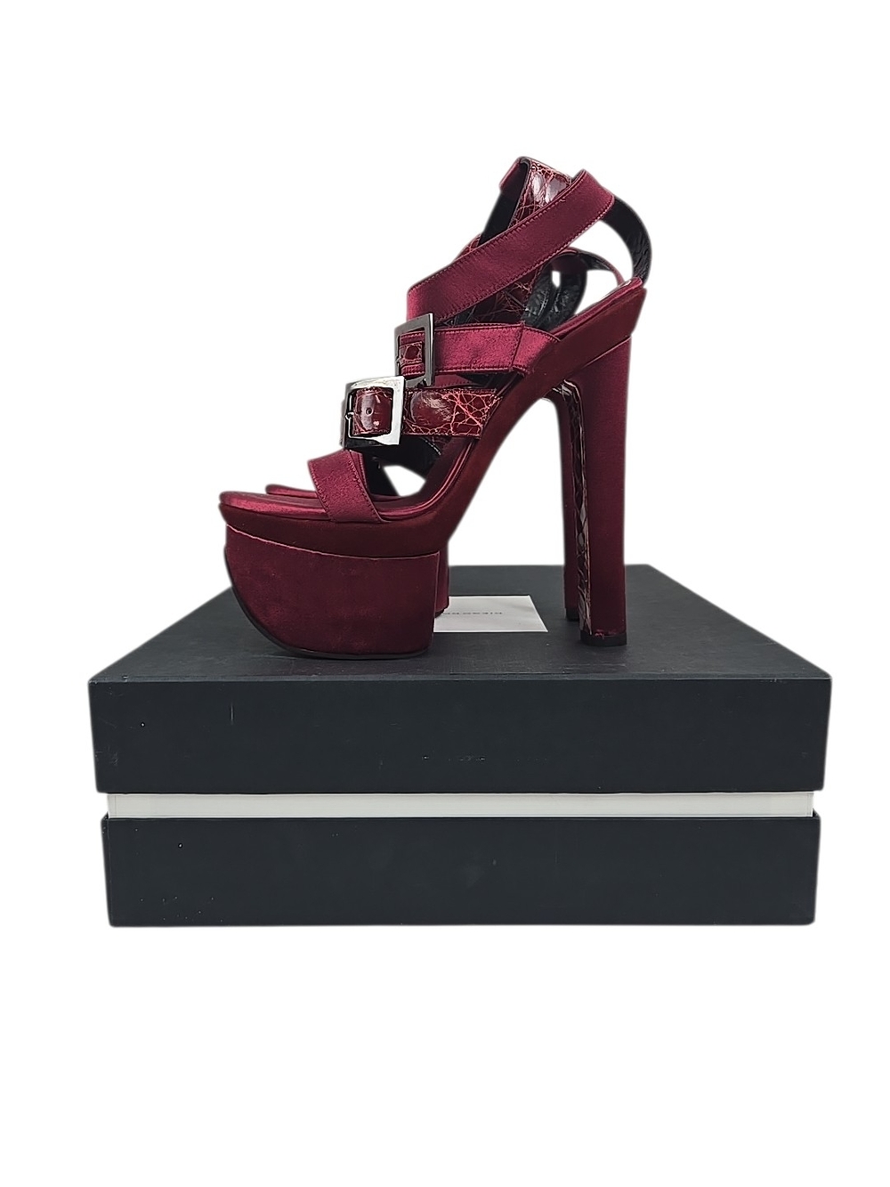 Diego Dolcini Bordeaux‎ Satin 7" Platform Sandals Croc Embossed EU 37 $795 NIB